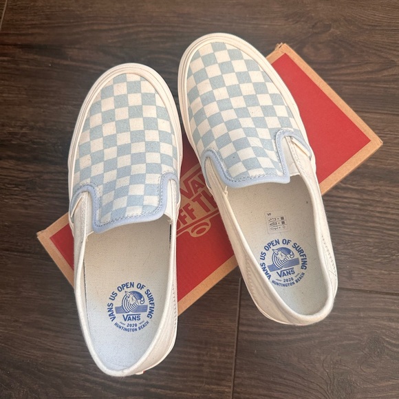 Vans US Open of Surfing Light Blue and White Checkered Slip-Ons, never worn - Picture 1 of 6